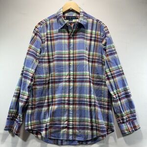 Polo Ralph Lauren Mens L Shirt Classic Fit Blue Plaid Oxford Flesh Big Pony